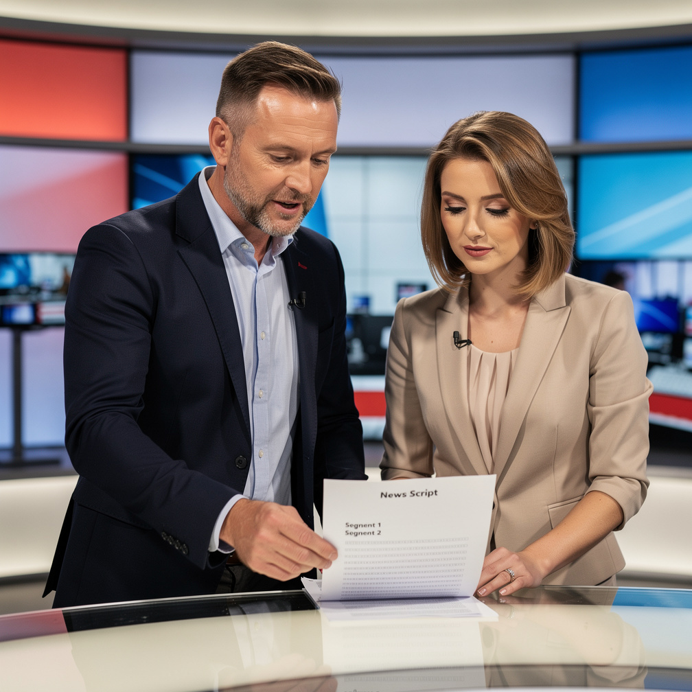 Trainer coaching a news presenter in a television studio