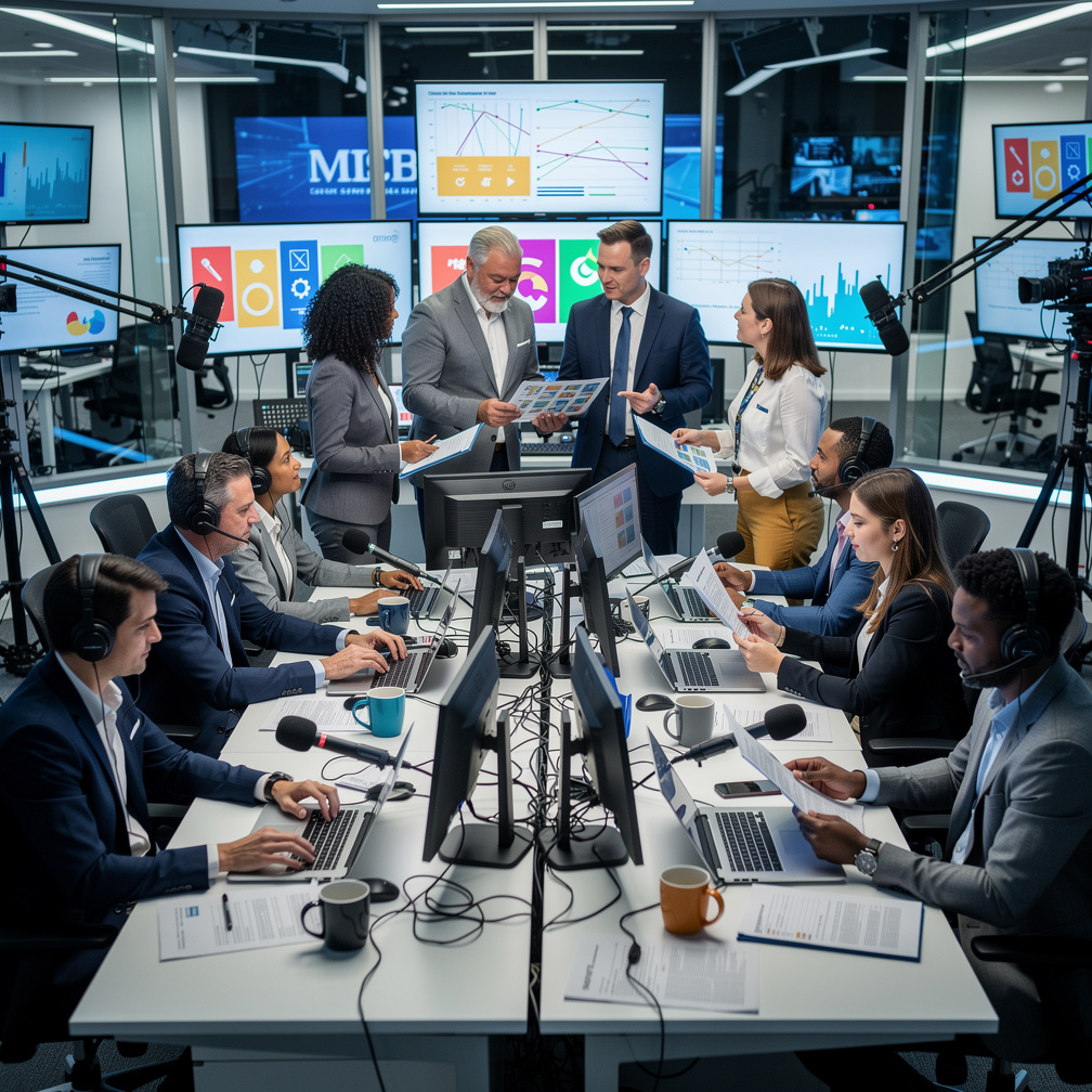 Newsroom team collaborating on a broadcast