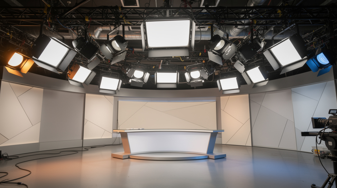 Studio lighting rig balancing a television set