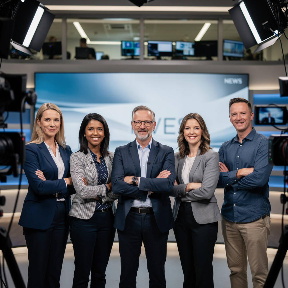 Team of broadcast trainers standing in a studio