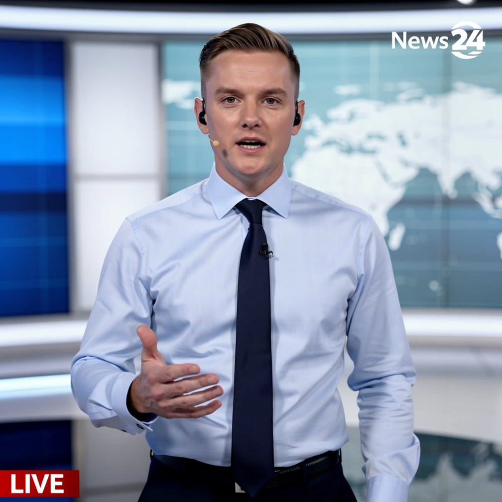 Presenter delivering an on-air news report