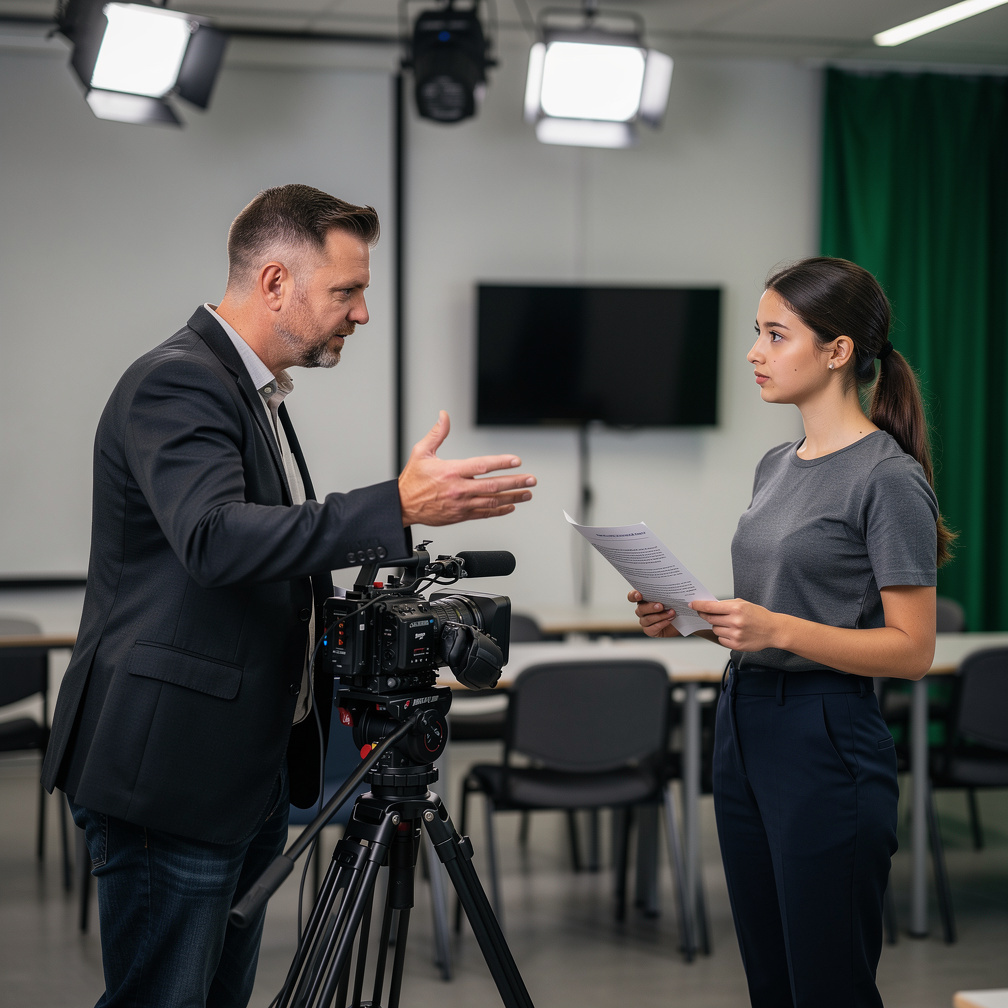 Instructor demonstrating camera technique to a student